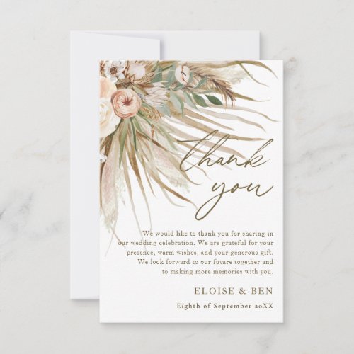 Earthy Dried Pampas Grass Floral Wedding Bridal Thank You Card