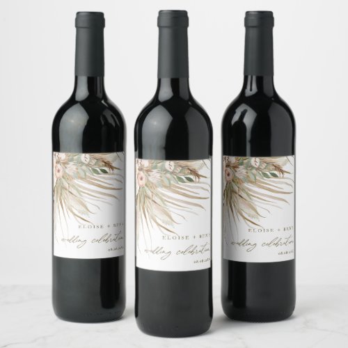 Earthy Dried Pampas Grass Floral Wedding Bridal Wi Wine Label