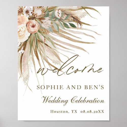 Earthy Dried Pampas Grass Floral Wedding Welcome  Poster