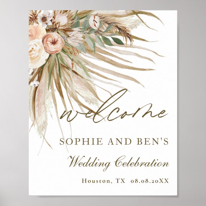Earthy Dried Pampas Grass Floral Wedding Welcome Poster