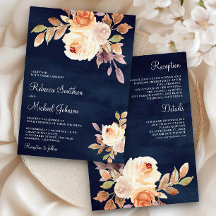 Earthy Dusty Peach Floral All in One Navy Wedding Invitation