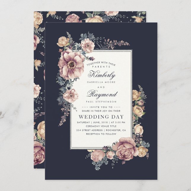 Earthy Dusty Rose and Navy Blue Floral Wedding Invitation (Front/Back)