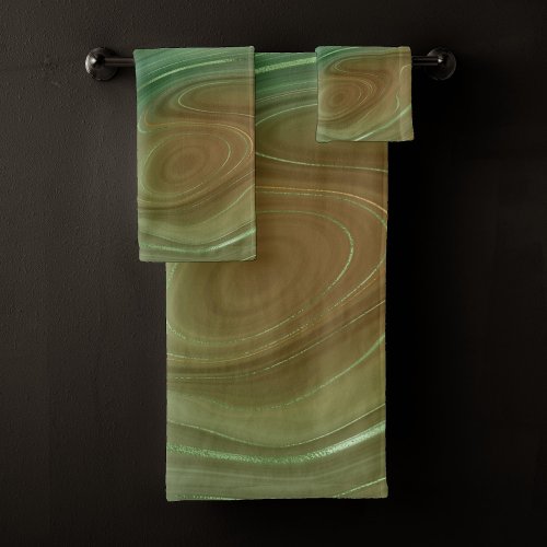 Earthy Emerald Strata  Green and Golden Ink Agate Bath Towel Set