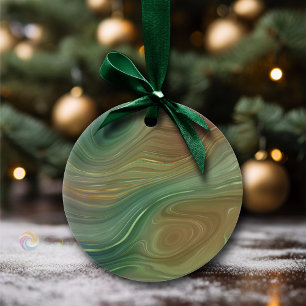 Earthy Emerald Strata Green and Golden Ink Agate Ceramic Ornament