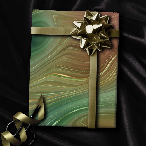 Earthy Emerald Strata  Green and Golden Ink Agate Wrapping Paper