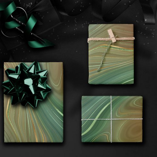 Earthy Emerald Strata  Green and Golden Ink Agate Wrapping Paper Sheets