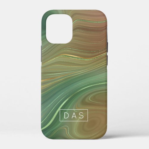 Earthy Emerald Strata  Green Gold Ink Monogram iPhone 12 Mini Case