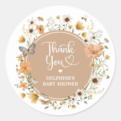 Earthy Fall Wildflower Butterfly Baby Shower Classic Round Sticker