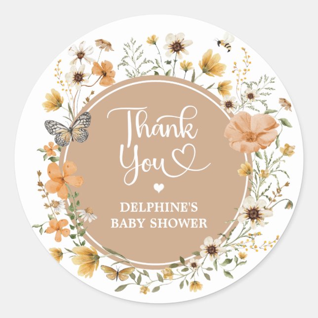 Earthy Fall Wildflower Butterfly Baby Shower Classic Round Sticker (Front)