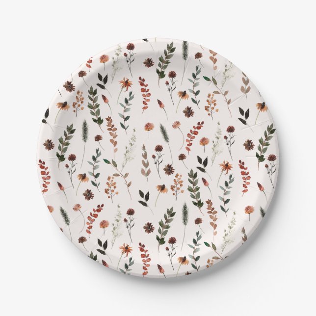 Earthy Fall Wildflower Pattern Paper Plates (Front)
