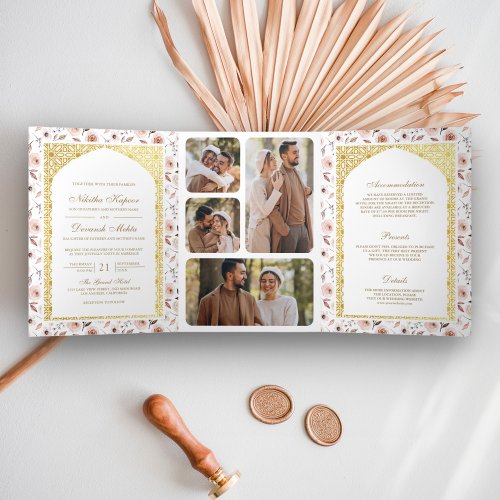 Earthy Floral All in One Gold Indian Wedding Tri_Fold Invitation