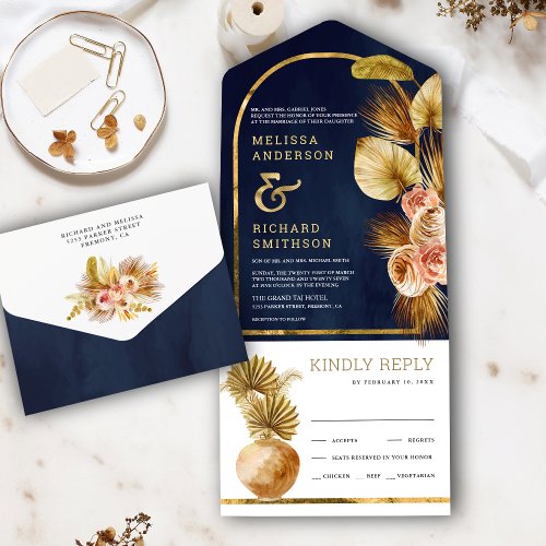 Earthy Floral Arch Dried Palm Navy Blue Wedding All In One Invitation