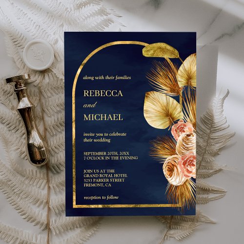 Earthy Floral Arch Dried Palm Navy Blue Wedding Invitation