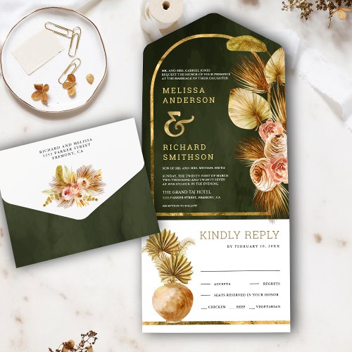 Earthy Floral Arch Dried Palm Sage Green Wedding All In One Invitation