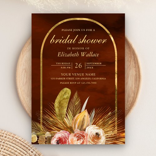 Earthy Floral Arch Gold Burnt Orange Bridal Shower Invitation