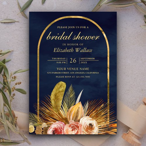 Earthy Floral Arch Gold Navy Blue Bridal Shower Invitation