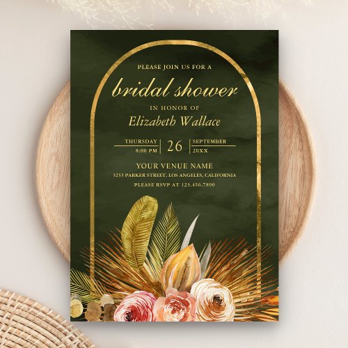 Earthy Floral Arch Gold Sage Green Bridal Shower Invitation