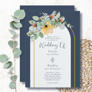 Earthy Floral Arch Navy Non Photo QR Code Wedding  Invitation