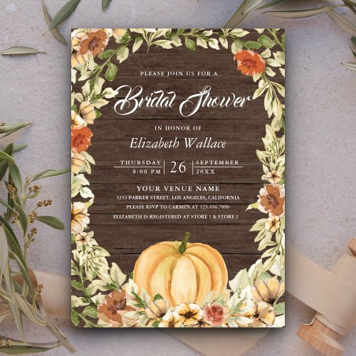 Earthy Floral Barn Wood Pumpkin Bridal Shower Invitation