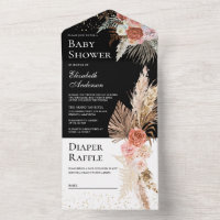 Earthy Floral Boho Pampas Grass Black Baby Shower All In One Invitation