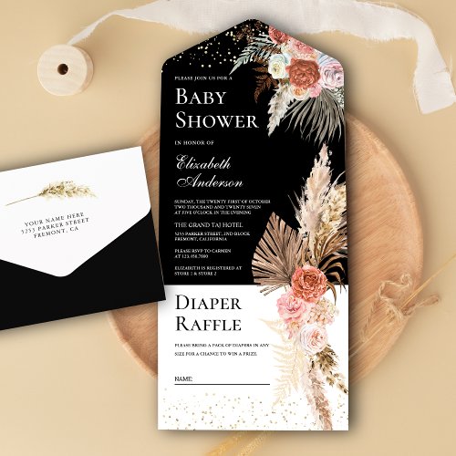 Earthy Floral Boho Pampas Grass Black Baby Shower All In One Invitation