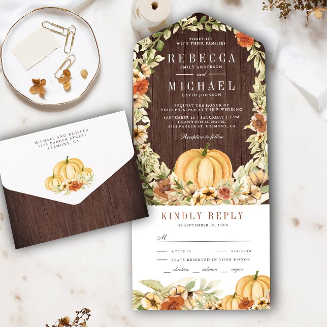 Earthy Floral Botanical Pumpkin Barn Wood Wedding All In One Invitation (Creator Uploaded)