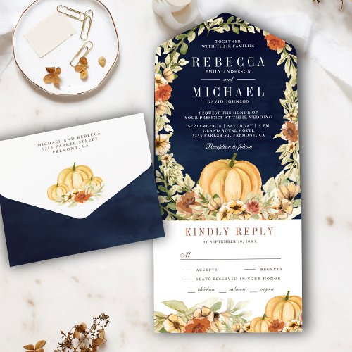 Earthy Floral Botanical Pumpkin Navy Blue Wedding All In One Invitation