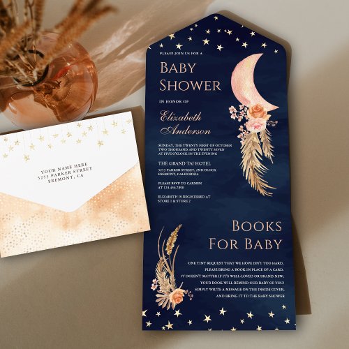 Earthy Floral Crescent Moon Navy Blue Baby Shower All In One Invitation