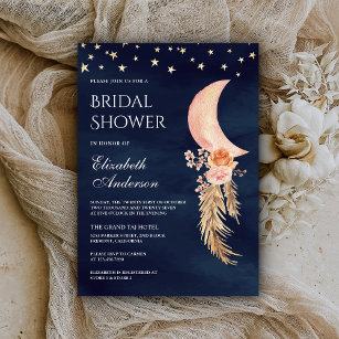 Earthy Floral Crescent Moon Navy Bridal Shower Invitation