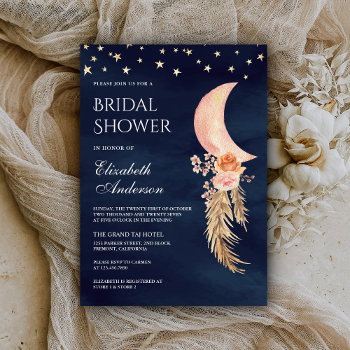 Earthy Floral Crescent Moon Navy Bridal Shower Invitation by ShabzDesigns at Zazzle
