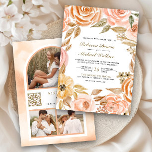 Earthy Floral Fall Autumn Photo QR Code Wedding Invitation