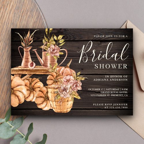 Earthy Floral Garden Wood Pumpkin Bridal Shower Invitation