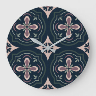 Earthy Floral Geometric Tiles Large Clock