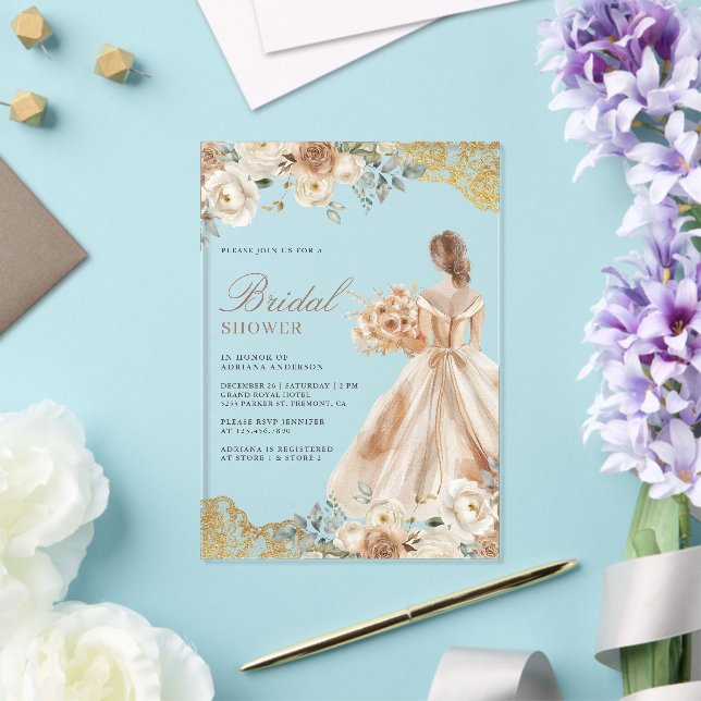 bridal shower invitations dress Earthy Floral Gold Lace Gown Acrylic Color:Peri Occasion: Euro Summer Vintage 90s/Y2K CDC Petites Foil invitation be proud.
