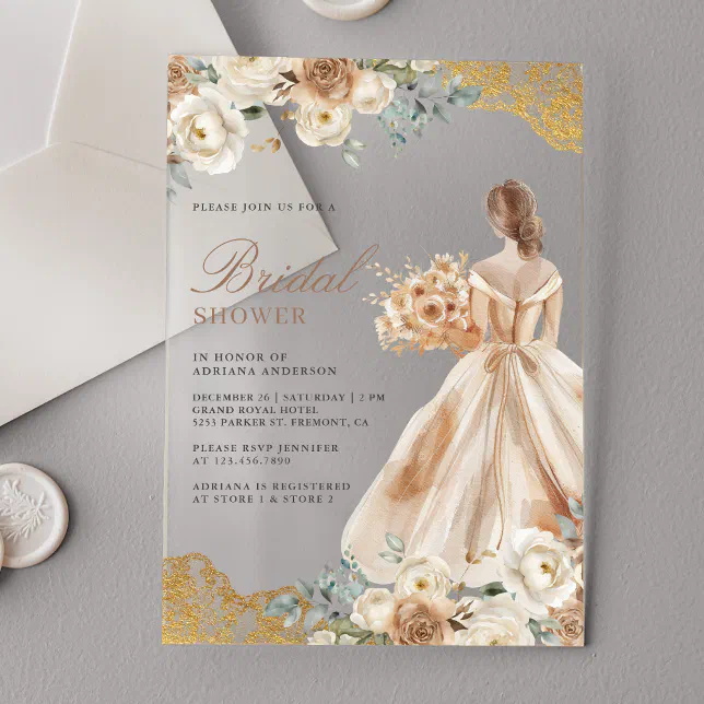 gold bridal shower dress Earthy Floral Lace Gown Acrylic Invitations C: Black