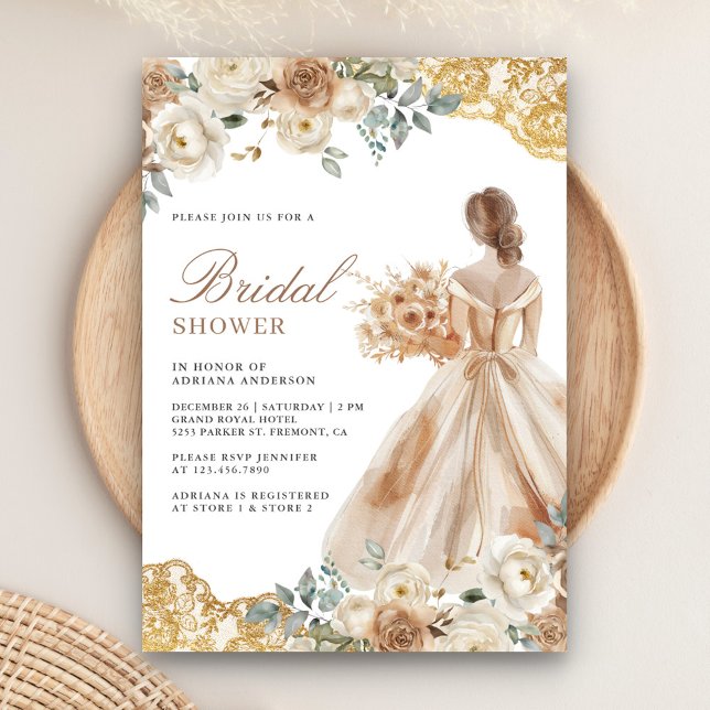 Earthy Floral Gold Lace Gown Dress Bridal Shower Invitation (Creator Uploaded)