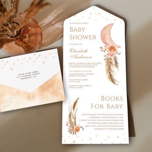 Earthy Floral Pampas Crescent Moon Baby Shower All In One Invitation