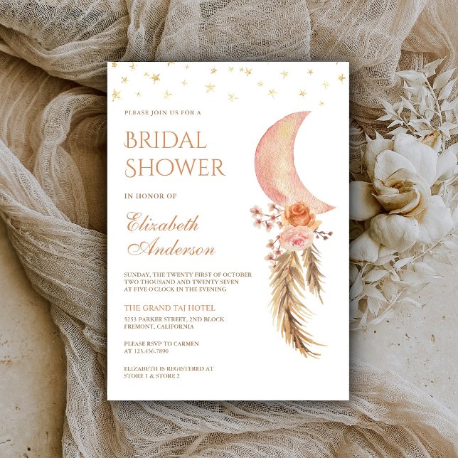 Earthy Floral Pampas Crescent Moon Bridal Shower Invitation (Creator Uploaded)