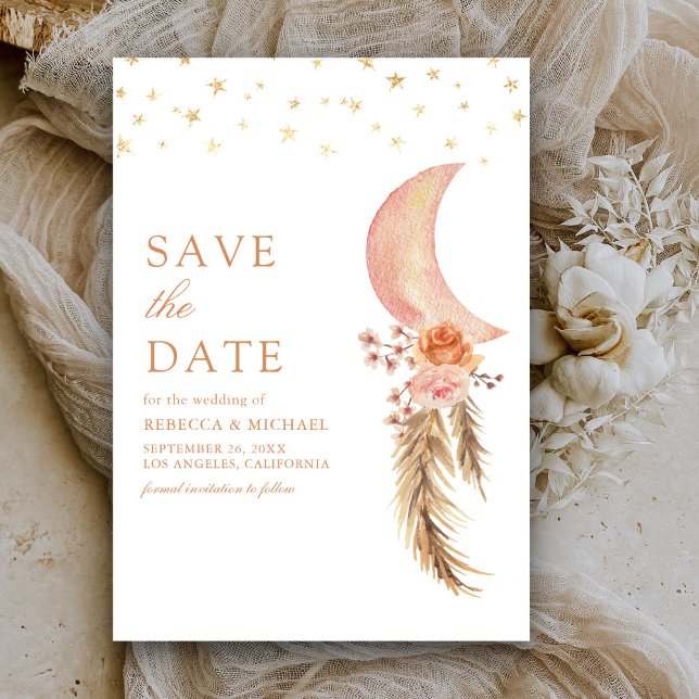 Earthy Floral Pampas Crescent Moon Wedding Save The Date (Creator Uploaded)