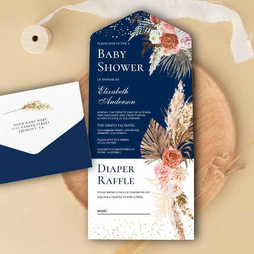 Earthy Floral Pampas Grass Navy Blue Baby Shower All In One Invitation