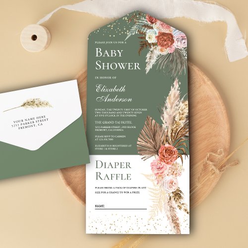 Earthy Floral Pampas Grass Sage Green Baby Shower All In One Invitation