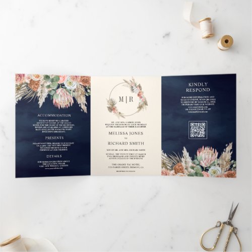 Earthy Floral Pampas Navy Blue QR Code Wedding Tri-Fold Invitation