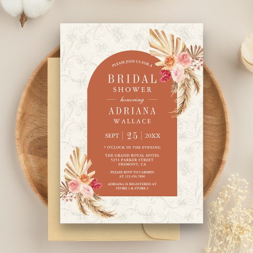 Earthy Floral Pampas Terracotta Bridal Shower Invitation