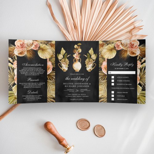 Earthy Floral Pots Dried Boho Palm Black Wedding Tri_Fold Invitation