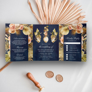 Earthy Floral Pots Dried Palm Navy Blue Wedding Tri-Fold Invitation