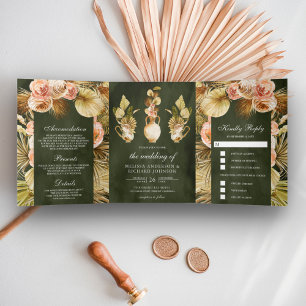 Earthy Floral Pots Dried Palm Olive Green Wedding  Tri-Fold Invitation