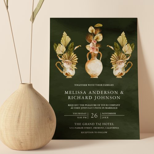 Earthy Floral Pots Dried Palm Sage Green Wedding Invitation