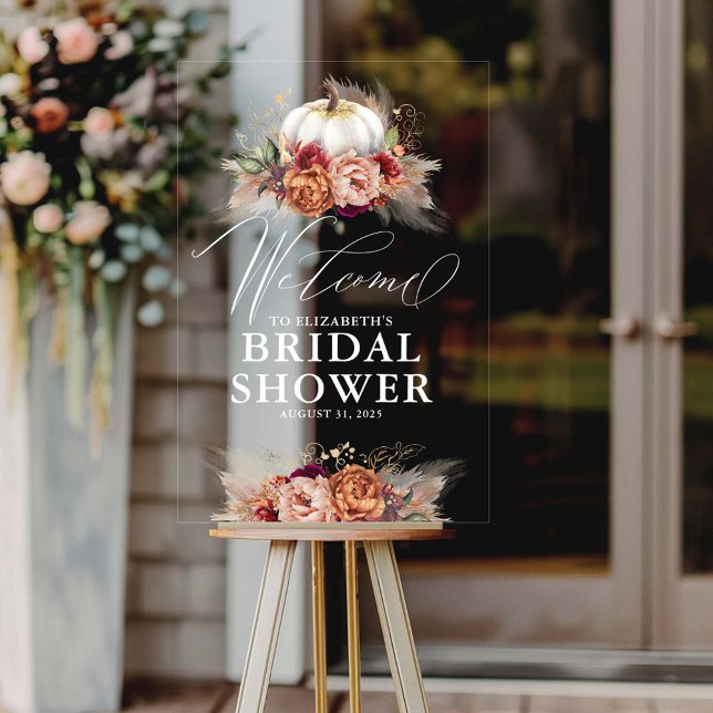 Earthy Floral Pumpkin Bridal Shower Welcome Acrylic Sign (Fall Bridal Shower Transparent Acrylic Welcome Sign)