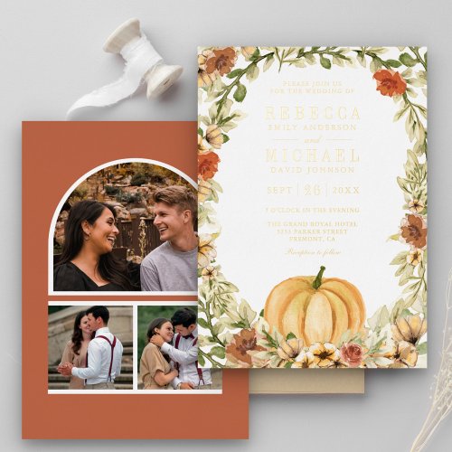 Earthy Floral Pumpkin Photo Collage Wedding Gold Foil Invitation