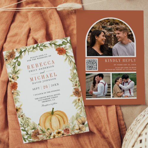 Earthy Floral Pumpkin Terracotta QR Code Wedding Invitation